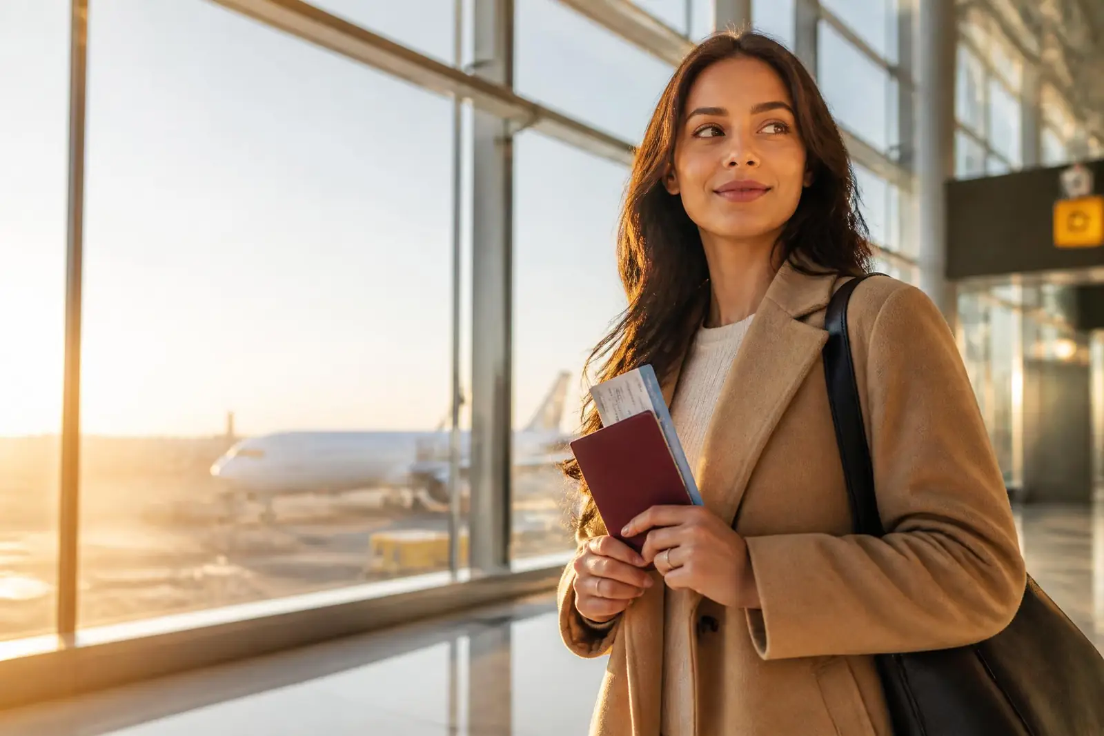 Traveller holding a passport in an airport terminal at golden hour